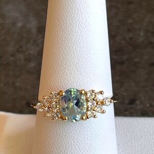 925 Sterling Silver Gold-Plated Ring w/‎ Oval Aquamarine & CZ Accent Stones SZ 9